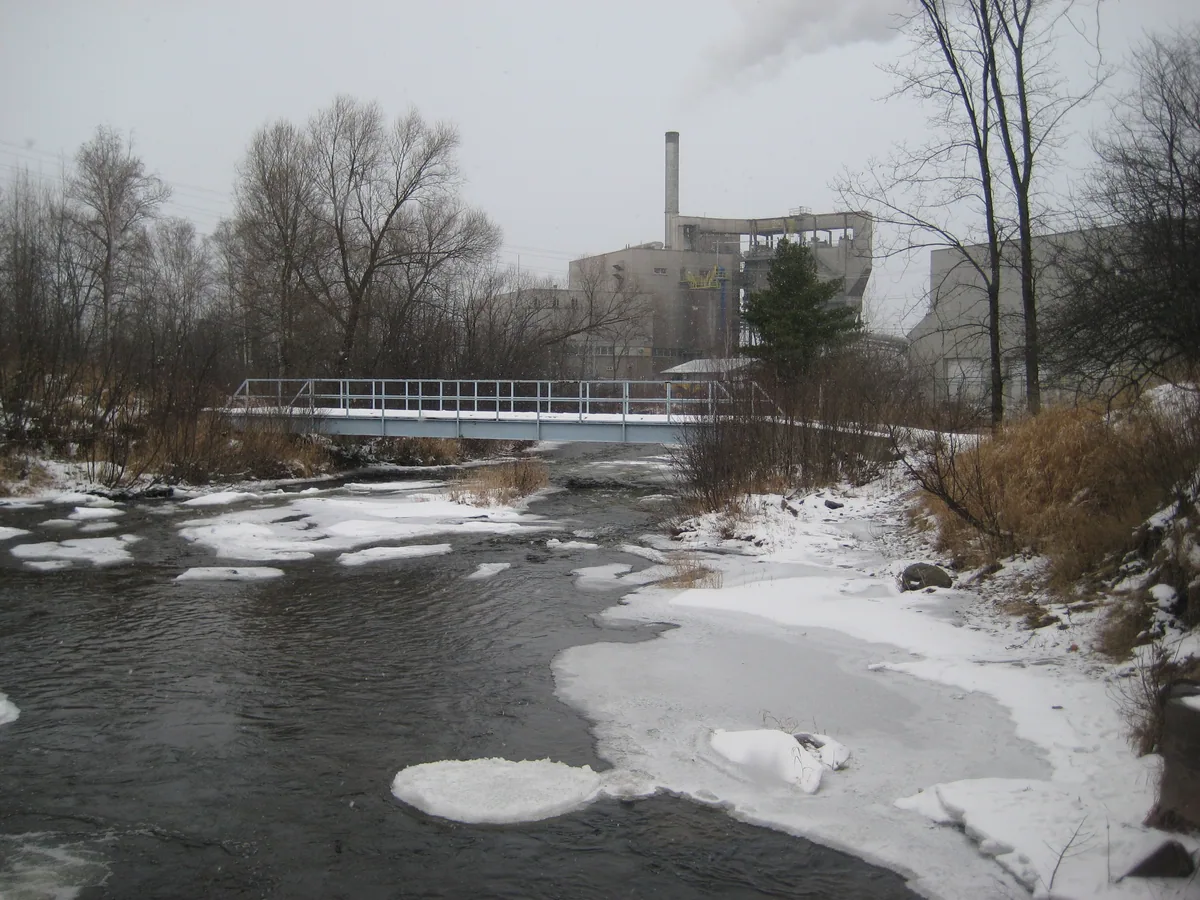 Icy view downstream to the factory