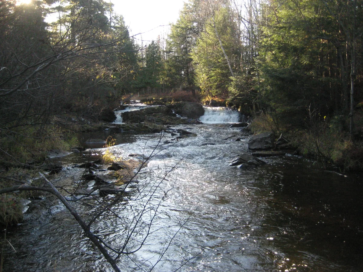 Low autumn sun on the split drops upstream