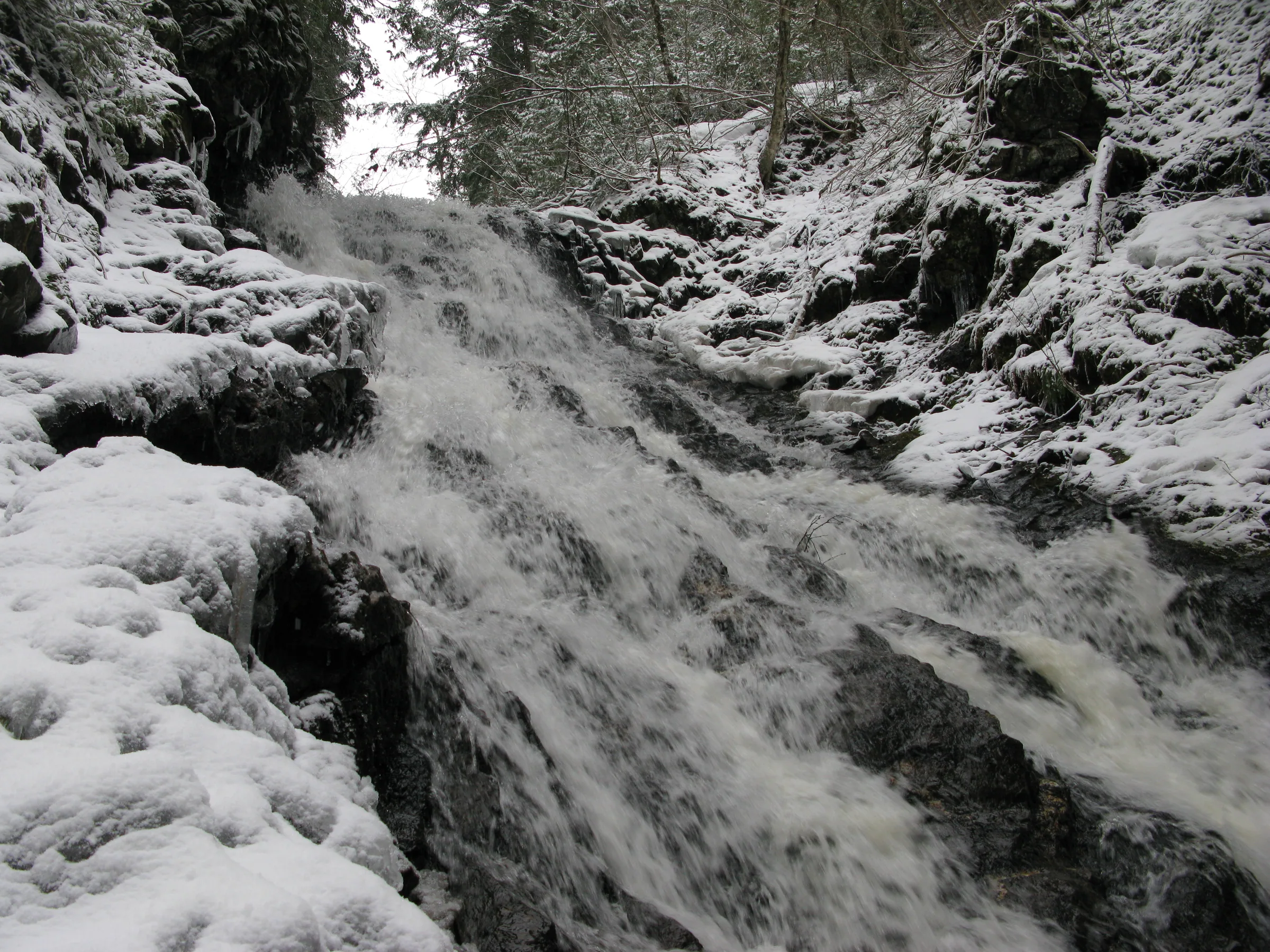 Looking up the crazy, bumpy slide of a waterfall